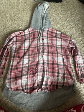 No Boundaries Pink Plaid Button-Down Shirt with Gray Hood